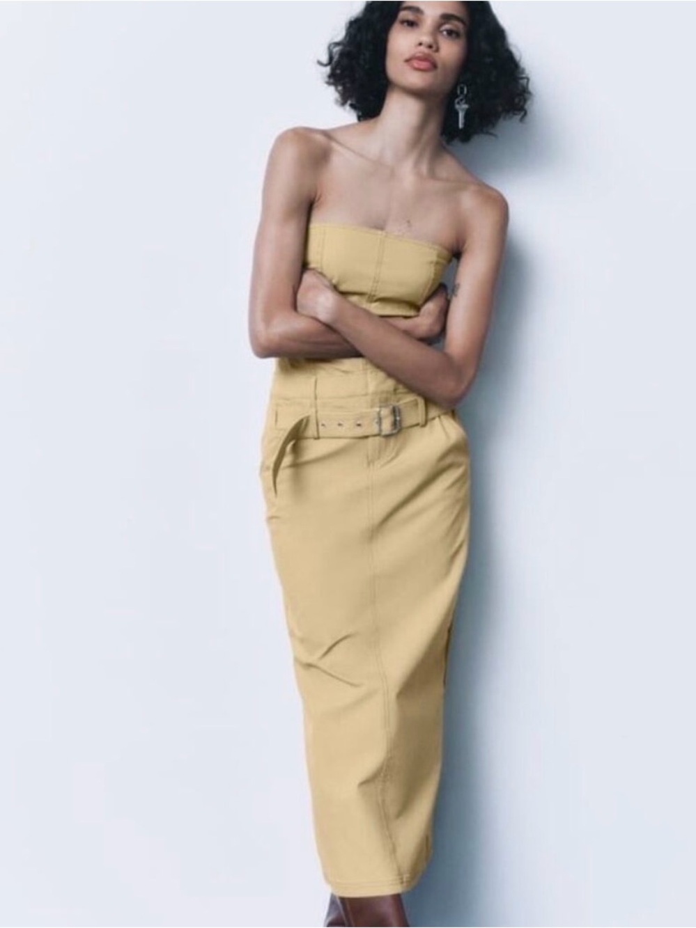 Zara Strapless Belted Midi Dress - Mustard. Size XL. NWT